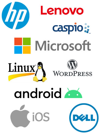 Vendor Logos - HP, Dell, Lenovo, Microsoft, Linux, Android, iOS, WordPress, Caspio